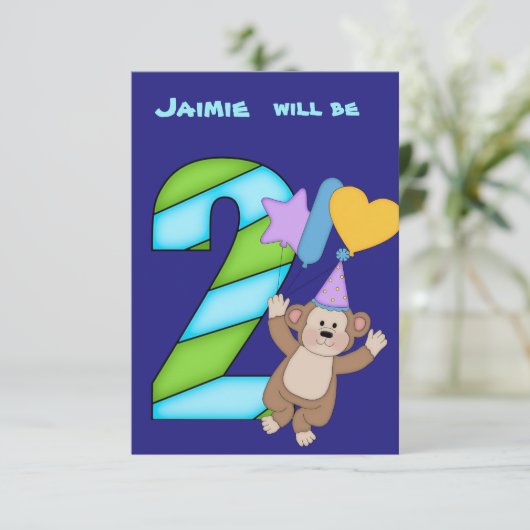 Balloon Monkey 2e Anniversaire Fête Invitation (Debout devant)