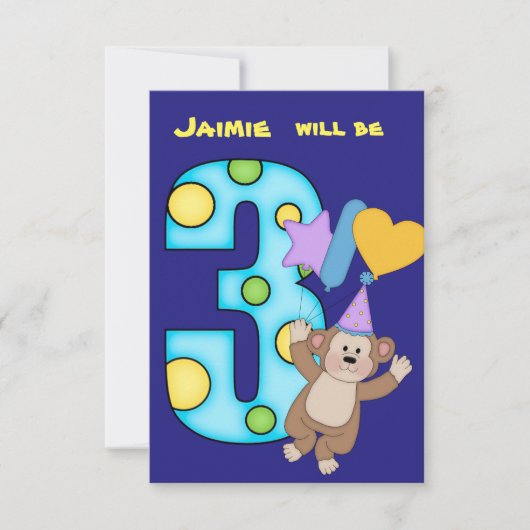 Balloon Monkey 3e Verjaardag Party uitnodiging (Voorkant)