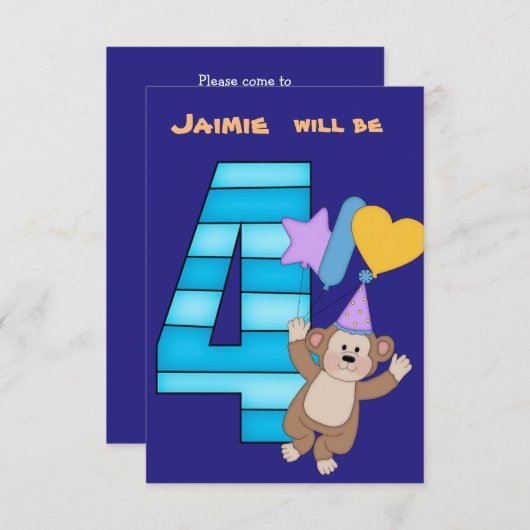 Balloon Monkey 4e verjaardag Party uitnodiging (Voorkant / Achterkant)