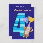 Balloon Monkey 4th Birthday Party Invitation (Devant / Derrière)