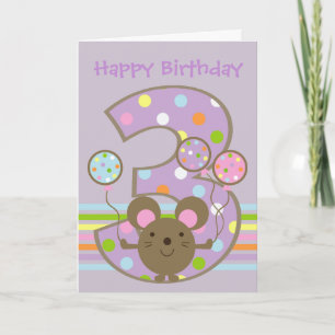 Balloon Mouse Paarse Happy 3e Verjaardag Kaart