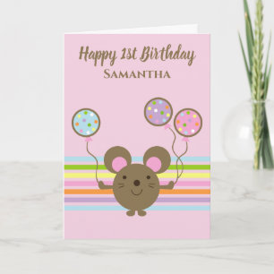 Balloon Mouse Roze Gelukkige 1e Verjaardag Kaart