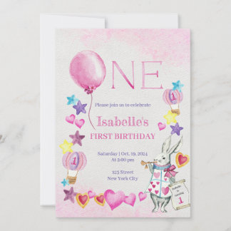 Balloon rose Baby Birthday Watercolor Invitation