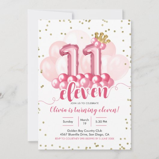 Balloon rose Couronne Onze Invitation d'anniversai (Devant)