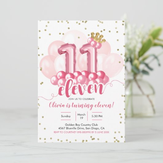 Balloon rose Couronne Onze Invitation d'anniversai (Debout devant)