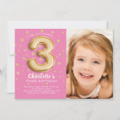 Balloon rose Foil Photo 3e anniversaire Invitation (Devant)