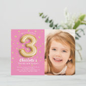 Balloon rose Foil Photo 3e anniversaire Invitation (Debout devant)
