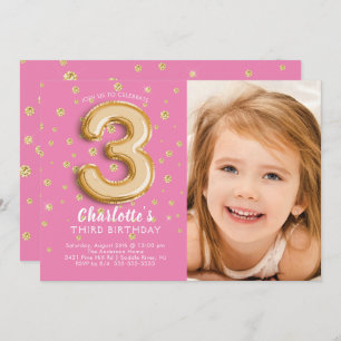 Balloon rose Foil Photo 3e anniversaire Invitation