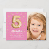 Balloon rose Foil Photo 5E Anniversaire Invitation (Devant)
