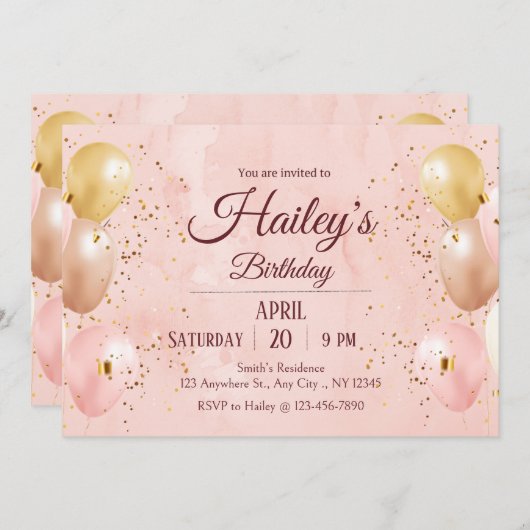 Balloon rose Invitation de fête d'anniversaire (Devant / Derrière)