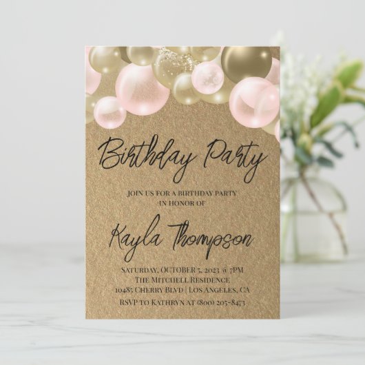 Balloon rose or Invitation de fête d'anniversaire (Debout devant)