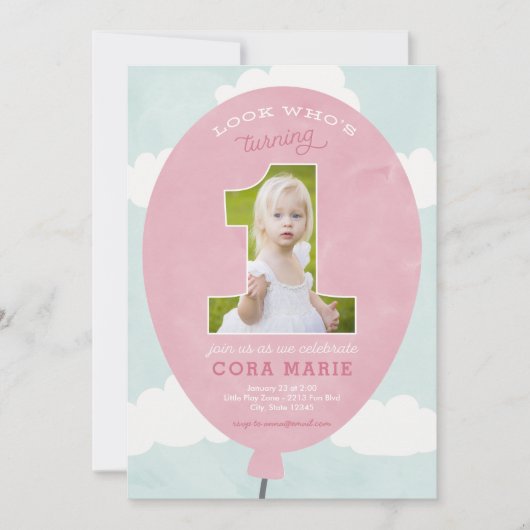 Balloon rose Premier Anniversaire Photo Invitation (Devant)
