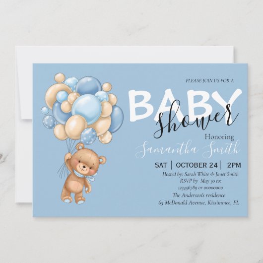 Balloon Teddy Ours Bleu Bébé Douche Invitations (Devant)