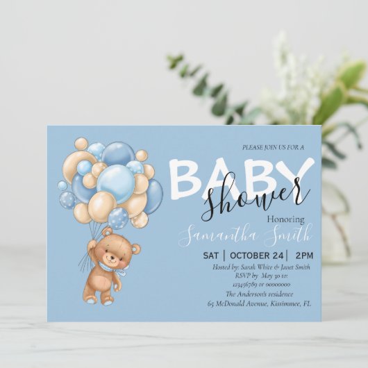 Balloon Teddy Ours Bleu Bébé Douche Invitations (Debout devant)