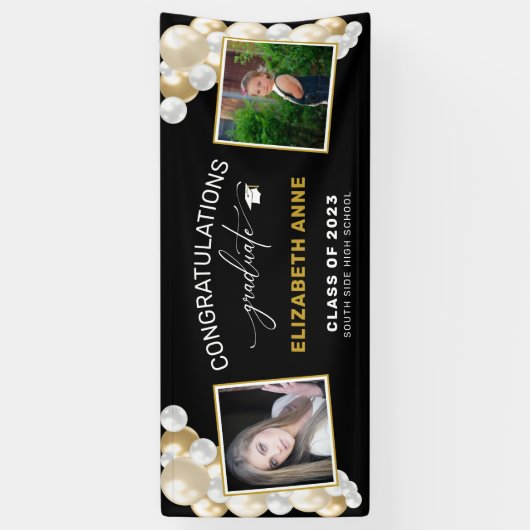 Balloons 2 Foto's zwart gefeliciteerd Afstuderen Spandoek (Verticaal)