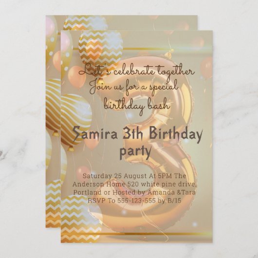 "Balloons Dorés pour les 3 ans!" Invitation (Devant / Derrière)