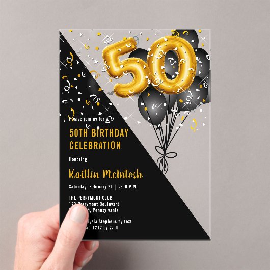 Balloons Elegant Black | Gouden 50e verjaardag Acryl Uitnodigingen (Insitu (Draagbaar))
