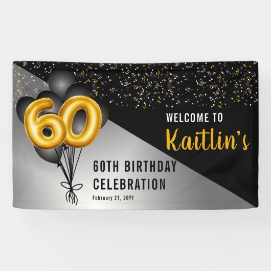 Balloons Elegant Black | Gouden 60e verjaardag Spandoek (Horizontaal)