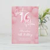 Balloons Pink Elegant Calligraphy Modern Sweet 16 Kaart (Staand voorkant)