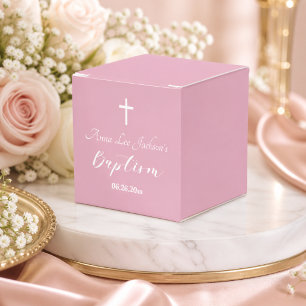Ballotins Baptême Moderne Christening Croix Blanche Rose Pou