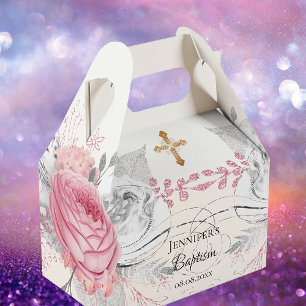 Ballotins Baptême rose floral argent moderne élégant croix