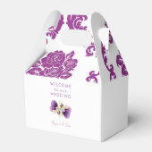 Ballotins Bienvenue au mariage en damas magenta  (Arrière)
