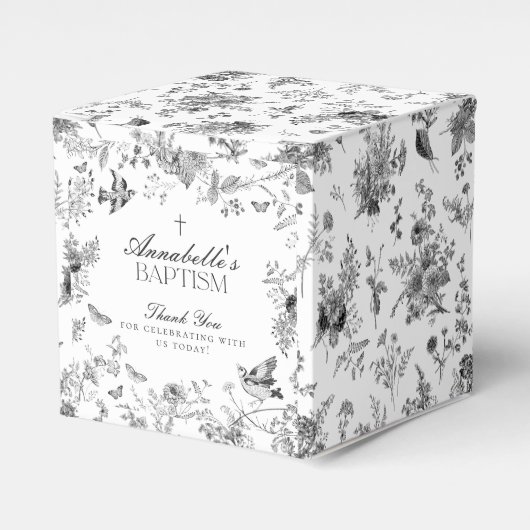 Ballotins Black Toile De Jouy Floral Baptism Favor Boxes (Verso)