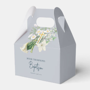 Ballotins Bleu Dusty Blanc Floral Croix religieuse Baptême