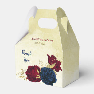 Ballotins bleu marine et rouge fleurs verdure mariage