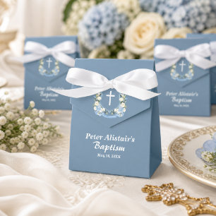 Ballotins Bleu Poussiéreux Croix Blanche Florale Baptême