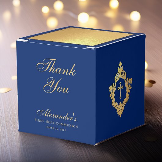 Ballotins Boy First Communion Blue Faux Gold Crest Thank You