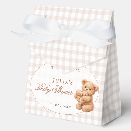 Ballotins Brown Gingham Teddy Bear Neutral Baby Shower Paper (Recto)