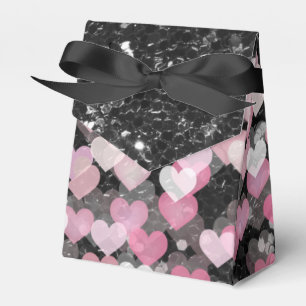 Ballotins Cœurs roses faux paillettes noires ruban noir