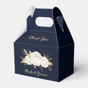 Ballotins fleurs blanches feuilles dorées mariage bleu marin