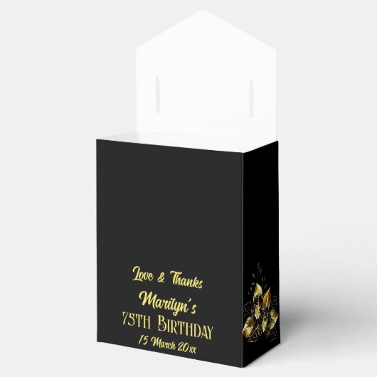 Ballotins Fleurs d'anniversaire en noir et or personnalisées (Ouvert)