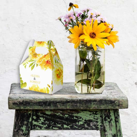 Ballotins Fleurs d'aquarelle jaune et mariage feuille