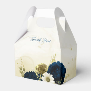Ballotins fleurs de mariage bleu marine, blanc ivoire et or