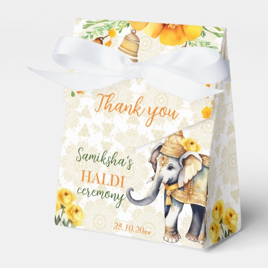 Ballotins Fleurs jaunes d'éléphants mariages haldi en Inde (Verso)