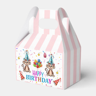 Ballotins Happy Birthday Gable Favor Box Pink Stripe Monkeys
