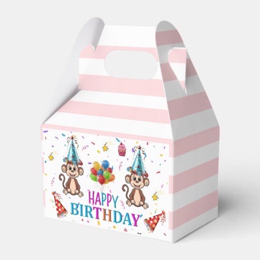 Ballotins Happy Birthday Gable Favor Box Pink Stripe Monkeys (Verso)