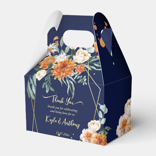 Ballotins Mariage bleu marine orange fleurs blanches (Verso)