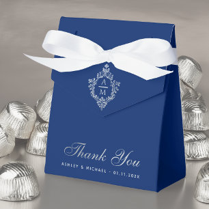 Ballotins Mariage Bleu Royal Crête Argent Monogramme Merci