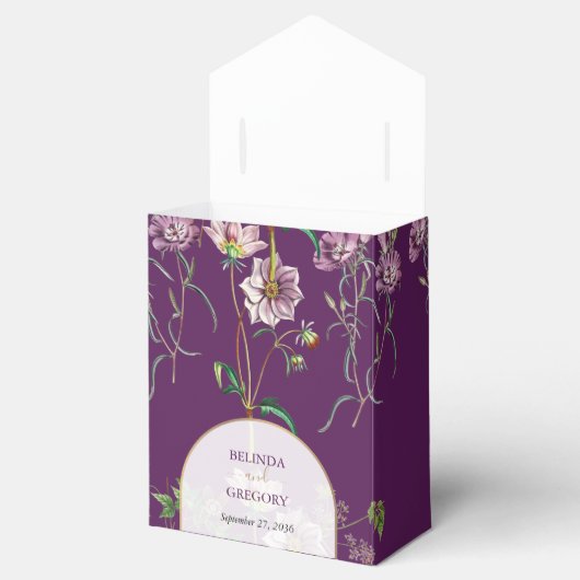 Ballotins Mariage d'arc doré fleuri violet (Ouvert)