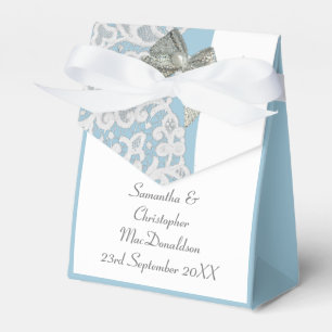 Ballotins Mariage en dentelle bleu pastel et blanc damassé