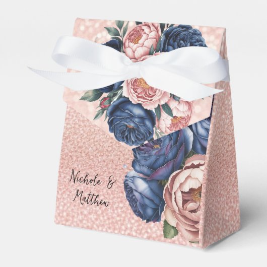 Ballotins Mariage floral bleu marine et Rose or (Verso)