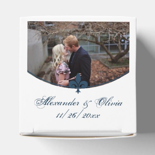 Ballotins Navy Blue Fleur de Lis Photo Wedding Favor Box (Haut)