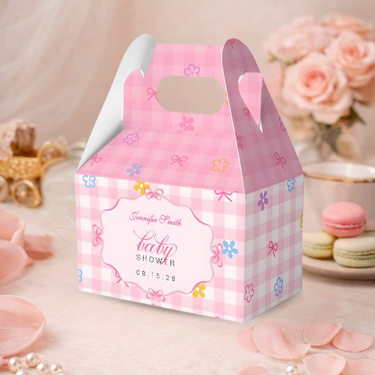Ballotins Pink Gingham Floral Bow Baby Shower Favor Boxes