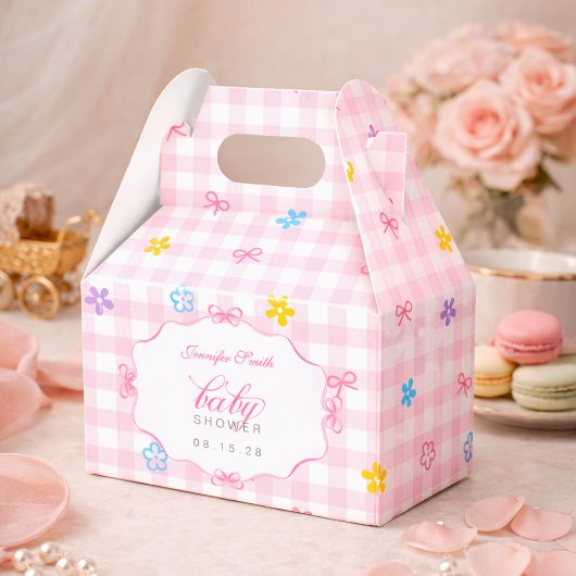 Ballotins Pink Gingham Floral Bow Baby Shower Favor Boxes