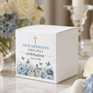 Ballotins Première communion garçon Croix dorée Fleur bleue