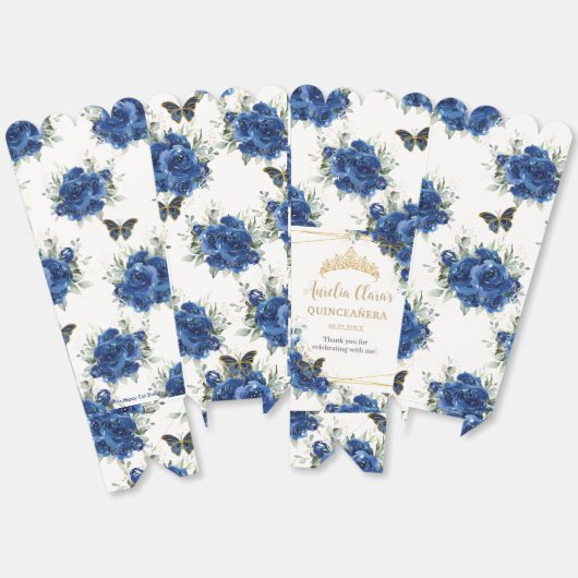 Ballotins Royal Blue Floral or Quinceañera 16 papillons (Déplié)